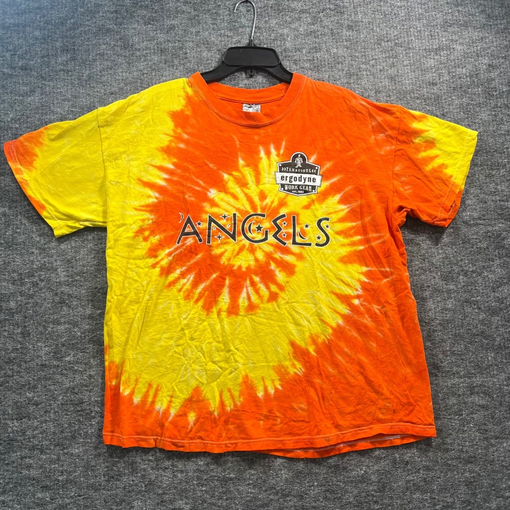 Hanes Beefy-T Ergodyne Work Gear Angels Kubes 12 Tie Dye Shirt XL Orange Yellow